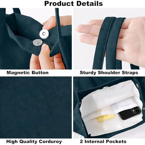 Women Turquoise Imported Corduroy Small Canvas Shoulder Handy Tote Bag - Picture 4 of 4